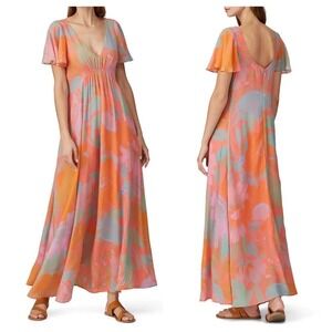 Veda Dress Corazon Maxi Multi Color Smocked Viscose Short Sleeve Pink Orange M